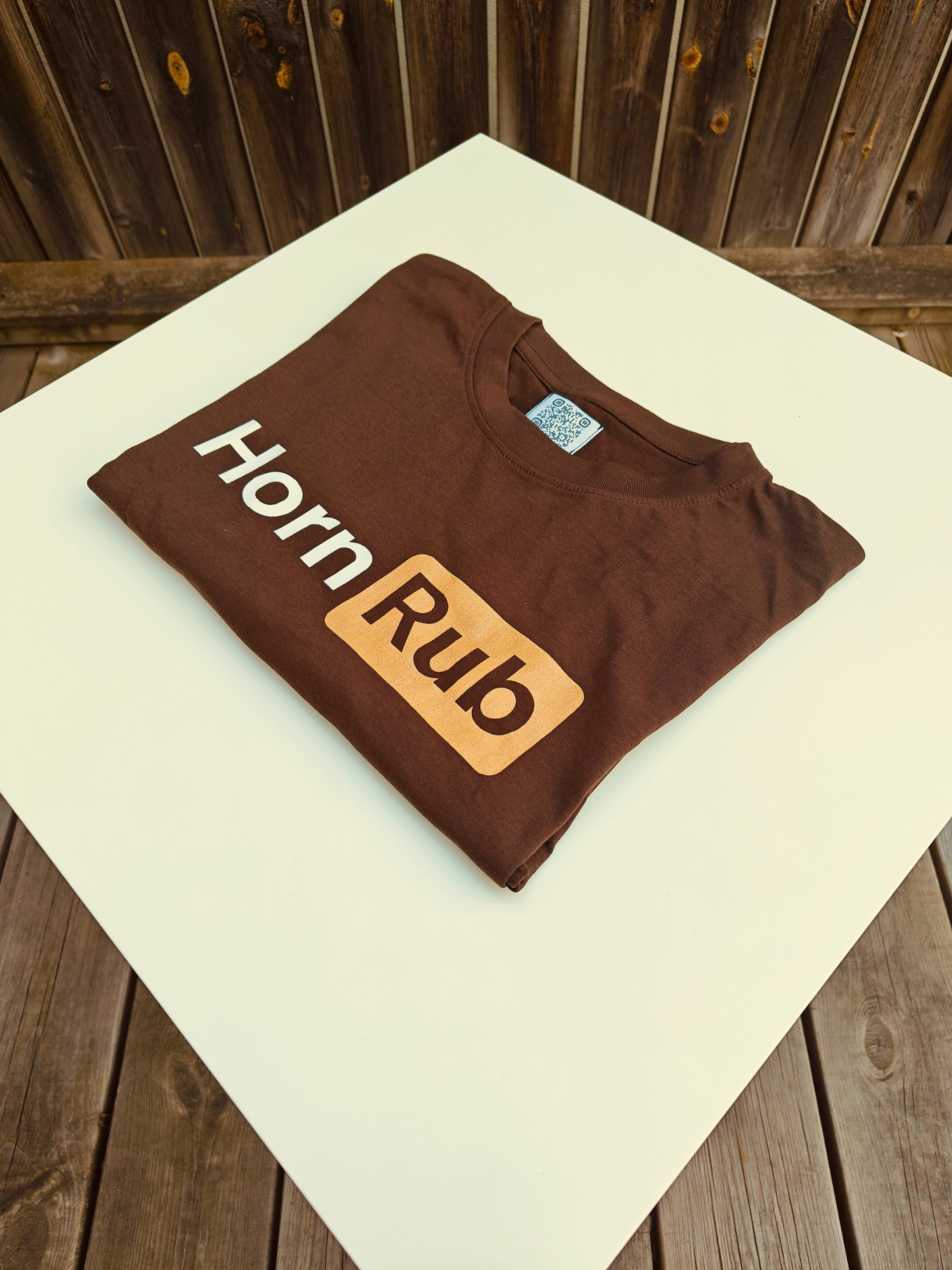 HornRub Parody Logo Dark T-Shirt Fold Display – Adult Humor Streetwear Unisex Tee